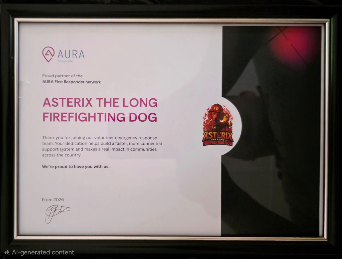 asterix the ong firefighting dog certificate