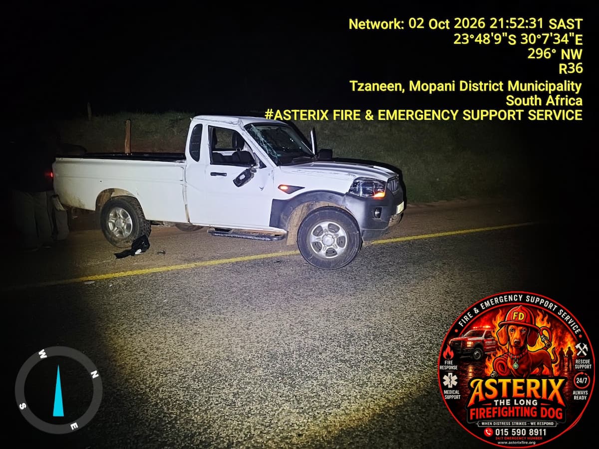 Single-vehicle rollover scene on the R36 near Merensky High School on 2 October 2026.